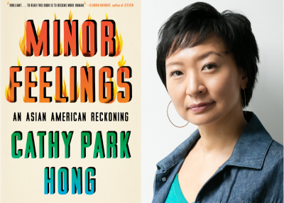 Composite photo with cover of book Minor Feelings on left and portrait of author Cathy Park Hong on right. 