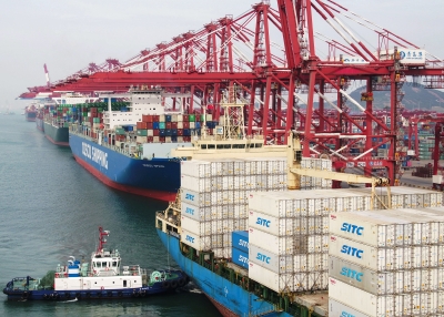 Cargo ships berth at a port in Qindao, China, in March, 2020.