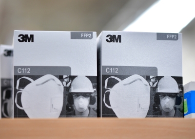 Boxes of 3M face basks on a table in Germany
