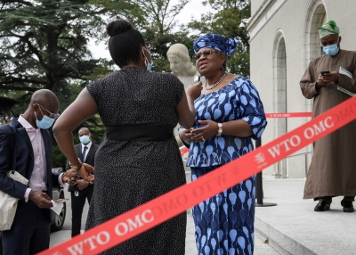 Ngozi Okonjo-Iweala speaks to journalists in Geneva