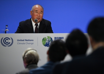 China's special climate envoy, Xie Zhenhua speaks during a joint China and U.S. statement on a declaration enhancing climate action in the 2020s on November 10, 2021 in Glasgow, Scotland.
