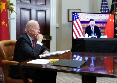 U.S. President Joe Biden meets with China's President Xi Jinping during a virtual summit from the Roosevelt Room of the White House in Washington, DC, November 15, 2021.