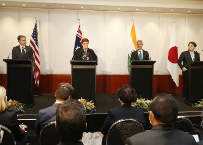 U.S. Secretary of State Antony Blinken, Australia Minister for Foreign Affairs and Minister for Women Marise Payne, Indian Minister of External Affairs Dr. S. Jaishankar and Japanese Minister for Foreign Affairs Yoshimasa Hayashi hold a joint press conference of the Quad Foreign Ministers meeting at the Park Hyatt on February 11, 2022 in Melbourne, Australia.
