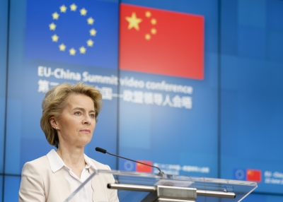 President of the European Commission Ursula von der Leyen is talking to media briefing after an EU-China Summit on June 22, 2020 in Brussels, Belgium. 