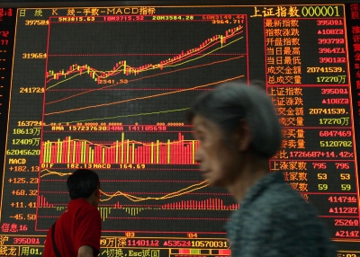 n investor walks past an electronic screen displaying stock index at a securities company on May 8, 2007 in Wuhan of Hubei Province, China. Chinese shares started higher on May 8 with the benchmark Shanghai Composite Index opening at 3,937.94 points, up 96.67 points, or 2.52 percent.