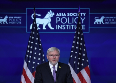 President of the Asia Society and former Australian prime minister Kevin Rudd speaks as he introduces U.S. Secretary of State Antony Blinken during an event at Jack Morton Auditorium of George Washington University May 26, 2022 in Washington, DC. Blinken delivered a speech on the Biden administration’s policy toward China during the event hosted by the Asia Society Policy Institute.