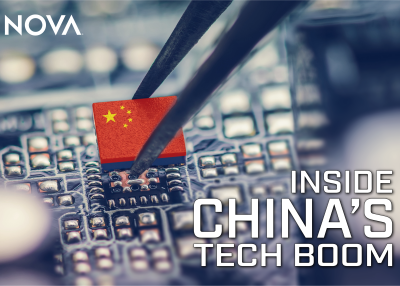 Flag of China on a processor, CPU Central processing Unit or GPU microchip on a motherboard.