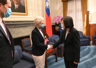 Taiwan's President Tsai Ing-wen (R) greets Marie-Agnes Strack-Zimmermann, a member of Germany's parliament, at the presidential office in Taipei on January 10, 2023.