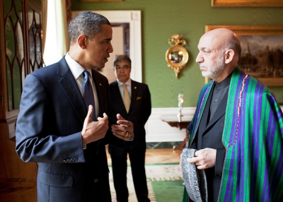President Barack Obama converses with President Hamid Karzai of Afghanistan at the White House in Washington, D.C., on May 12, 2010. (U.S. Department of State/Flickr)
