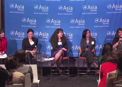 Janet Wong (L) moderates a panel on Asian Pacific women leaders with (L to R) Janet Yang, Anna Mok, Leona Tang, and Purnima Kochikar.