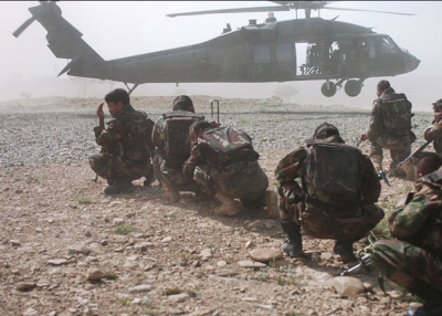 Afghan National Army soldiers prepare to enter a UH-60 Black Hawk helicopter in Khowst, Afghanistan. (Staff Sgt. Joshua Gipe/Deapartment of Defense)