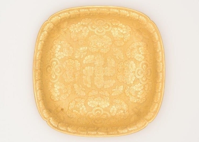 Square-lobed dish with insects, flowers, knotted ribbons, and swastika (wan, “10