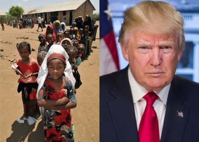 A scene from a refugee camp (left), and a portrait of Donald Trump