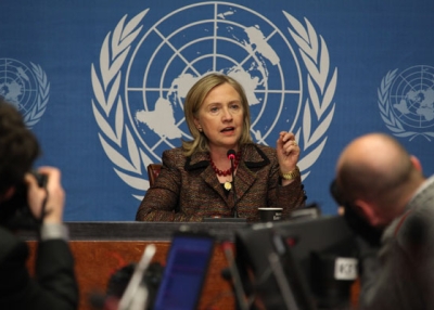 U.S. Secretary of State Hillary Rodham Clinton speaks at a press conference at the United Nations Office at Geneva, Switzerland, on February 28, 2011. (Eric Bridiers/State Department/Public Domain)