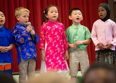 Mandarin Immersion kindergarteners perform a song for Dearborn Park International School Multicultural celebration./stefanie Felix