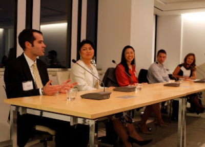 Our panelists, from left: Charles Thor, Irene Tieh, Wen-Chih Yu, Adam Collardey, and (moderator) Sydnie Kohara (Asia Society) 