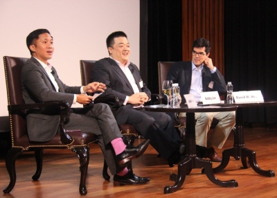 L to R: Jehan Chu; Bobby Lee; David M. Webb in the evening discussion on June 23, 2014. (Asia Society Hong Kong Center)