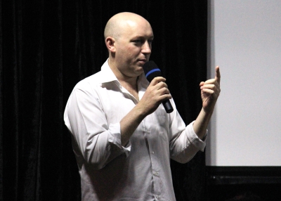 Simon Cockerell of Koryo Tours at the post-screening discussion at Asia Society Hong Kong Center on June 3, 2012. (Asia Society Hong Kong Center) 