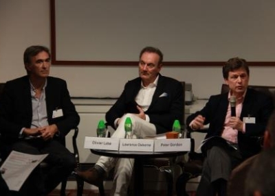L to R: Olivier Lebé, Lawrence Osborne, and Peter Gordon in the evening discussion on July 21, 2014. (Asia Society Hong Kong Center)