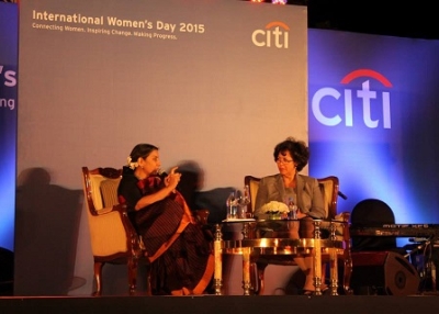 [L] Shabana Azmi and [R] Ana Duarte McCarthy in Mumbai on March 4, 2015 (Asia Society India Centre)