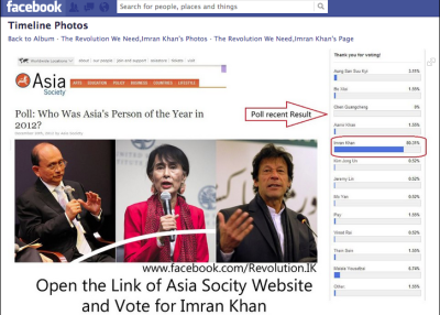 This image uploaded to an Imran Khan Facebook page helped the Pakistani politician run away with Asia Society's 'Asia's Person of the Year' reader poll.