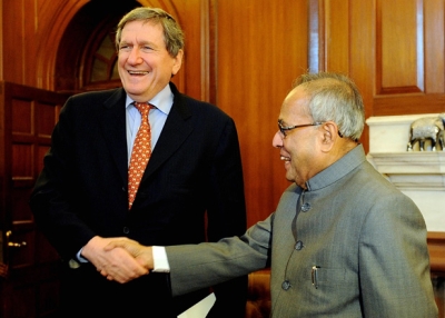 US envoy for Pakistan and Afghanistan Richard Holbrooke (L) shakes hands with Indian Foreign Minister Pranab Mukherjee (R) during a meeting in New Delhi on February 16, 2009. (Prakash Singh/AFP/Getty Images)