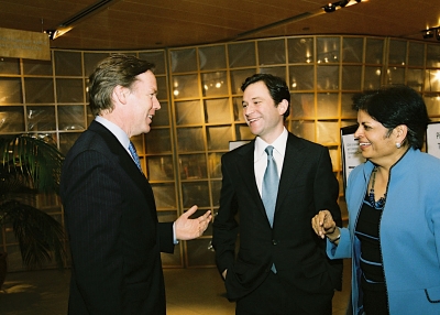 Ambassador R. Nicholas Burns with Dan Harris and Vishakha Desai in the Asia Society lobby (Elsa Ruiz/Asia Society)
