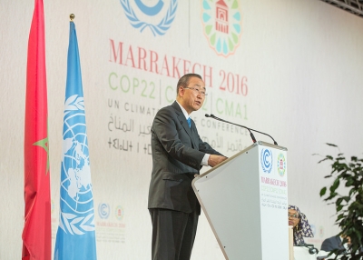UN Secretary-General Ban Ki-moon speaking at the "High Level Event on Accelerating Climate Action" during the Marrakech climate conference in Morroco on November 17, 2016. (UNclimatechange / Flickr)