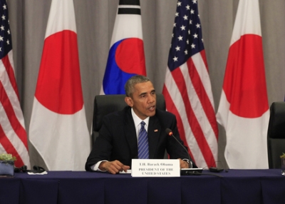 President Park Geun-Hye of the Republic of Korea, President Barack Obama, and Prime Minister Shinzo Abe of Japan attend a meeting at the Nuclear Security Summit March 31, 2016 in Washington, DC. (Dennis Brack-Pool/Getty Images)