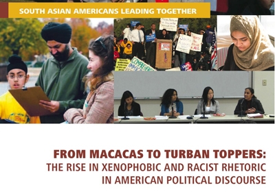 Cover of SAALT's report, "From Macacas to Turban Toppers: The Rise in Xenophobia and Racist Rhetoric in America's Political Discourse," (SAALT, October 2010) 