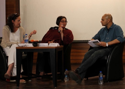 L to R: Speakers Judith Greer, Sheikha Hoor Al-Qasimi and Girish Shahane in Mumbai on March 22, 2013. (Asia Society India Centre) 