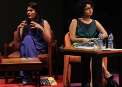 Left image: Ashvin Kumar (L) and Sharmeen Obaid-Chinoy (R) in New Delhi on July 23, 2012. Right image: Karin Rao (R) and Sharmeen Obaid-Chinoy (L) discuss "Saving Face" in Mumbai on July 24. 