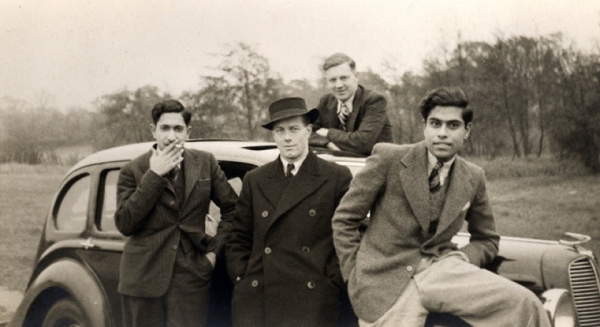 Talbot (behind car) with Indian Civil Service probationers on a Sunday holiday outside London, on November 6, 1938. L to R: Yog K. Puri, Ian Arnold, and Kesho Ram. Puri became India&apos;s ambassador to four countries, Arnold became Home Secretary for the Government of Bengal in British India, and Ram became Private Secretary to Prime Minister Jawaharlal Nehru. (Phillips Talbot)