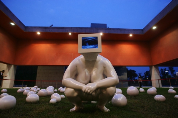 Lin Tianmiao: 'Gazing Back - procreating (outdoor),' 2009. Polyurea, automotive paint, television recordings. (Lin Tianmiao)