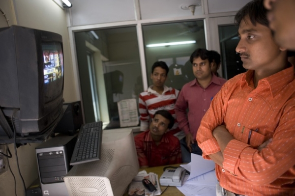 Supporters of the Hindu nationalist Bharatiya Janata Party (BJP) watch election results at the party&apos;s headquarters on May 16, 2009 in New Delhi. Senior BJP leader Arun Jaitley conceded defeat soon afterward.  (Keith Bedford/Getty Images)