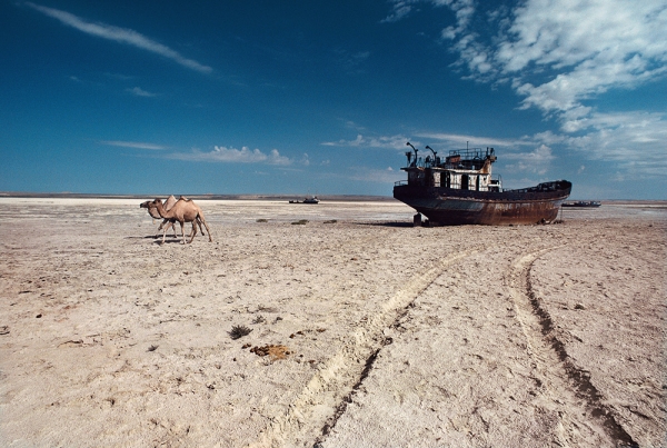 Camels cross the dry bed of the Aral Sea in Kazakhstan. Irrigation tapping into the lake’s feeder rivers has shrunk its size and created this graveyard of rusting shipwrecks, where a beautiful bay once glistened. (©Gerd Ludwig/INSTITUTE)