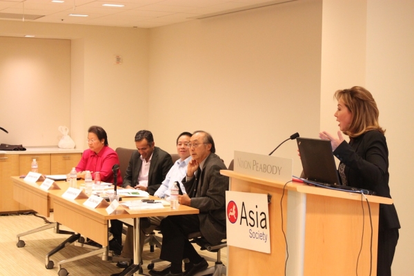 Panelists (L to R): Daphne Kwok; Karthick Ramakrishnan; Samson Wong; Bill Ong Hing; Sydnie Kohara (moderator). (Photo: Asia Society) 