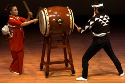 Members of Kodo, the famous Japanese taiko troupe, perform March 14, 2011 at the Asia Society in New York.