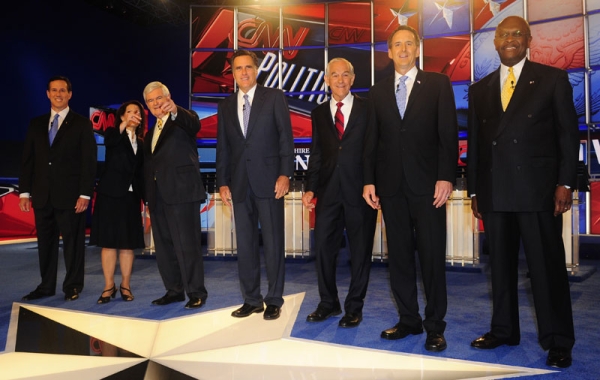 Candidates pose for a group photo before the first 2012 Republican presidential candidates' debate in Manchester, New Hampshire June 13, 2011. (Emmanuel Dunand/AFP/Getty Images)
