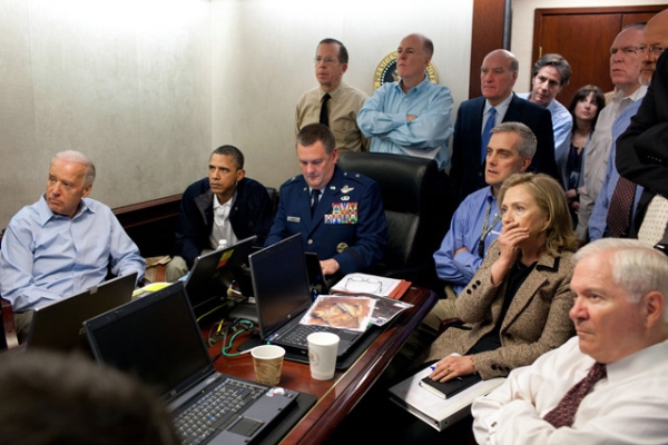 U.S. President Barack Obama and Vice President Joe Biden, along with members of the national security team, receive an update on the mission to kill Osama bin Laden in the Situation Room of the White House, May 1, 2011. (The White House /Flickr) 