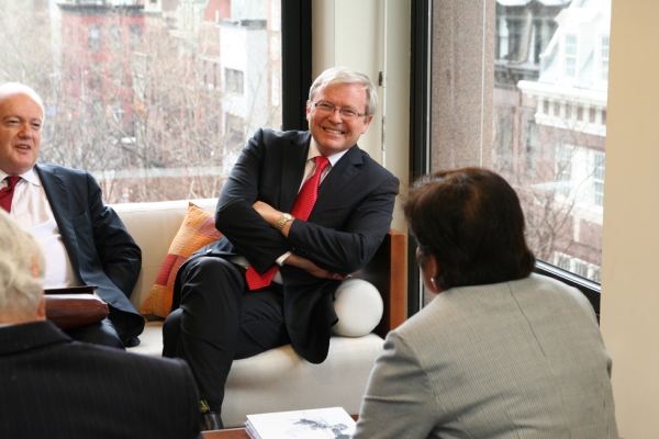 From left, Australian Permanent Representative to the UN Gary Quinlan, Australian Foreign Minister Kevin Rudd and Asia Society President Vishakha Desai. (Asia Society/Bill Swersey)