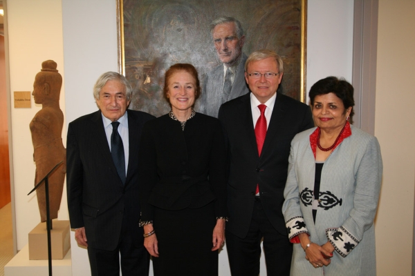 From left, Asia Society Trustee James Wolfensohn, Asia Society Co-Chair Henrietta Fore, Australian Foreign Minister Kevin Rudd and Asia Society President Vishakha Desai. (Asia Society/Bill Swersey)