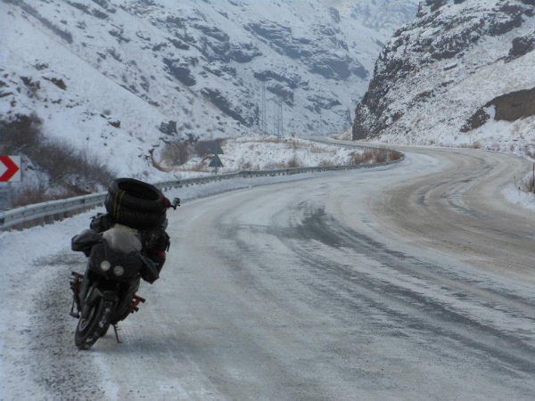 Riding on icy roads in Turkey, from Tercan to Agri, in extremely cold weather. (Moin Khan)