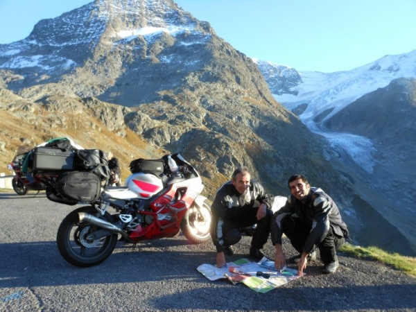 Meeting fellow motorcyclists in the Swiss Alps, at the top of Susten Pass. (Moin Khan)