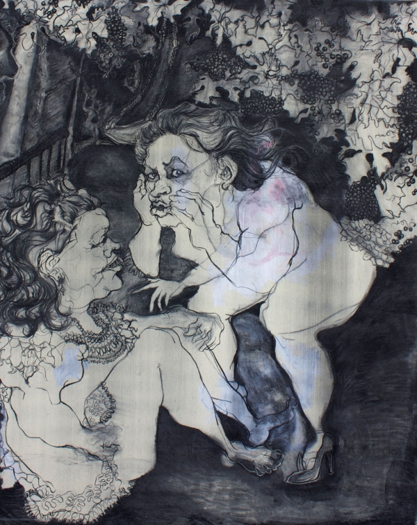 Maria Khan, Grape Wine, 2011, charcoal on canvas, 5 x 3 feet.