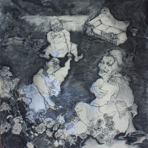 Maria Khan, Women of the Night, 2011, charcoal on canvas, 5.5 x 5.5 feet. 