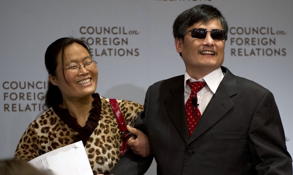 Chinese dissident Chen Guangcheng (R) arrives at the Council on Foreign Relations with his wife Yuan Weijing on May 31, 2012 in New York. (Don Emmert/AFP/GettyImages)