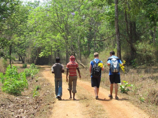 Karnataka: American boys walking with the village students, learning about the mahout way of life. (Rachel Marra)