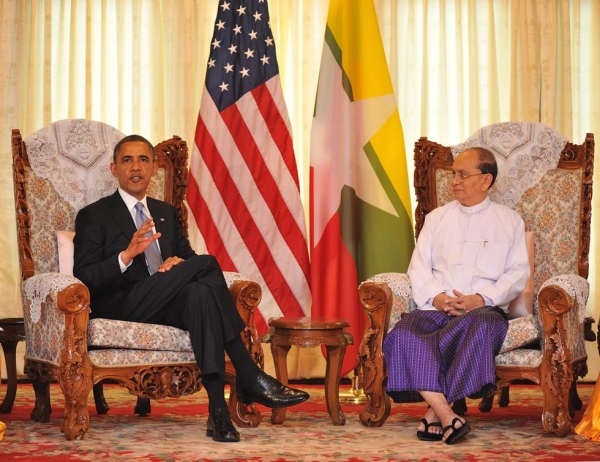 U.S. President Barack Obama meets with Burmese President U Thein Sein at Yangon Regional Parliament during his historic visit to the country on Nov. 19, 2012. (Photo by Kaung Htet/Getty Images)