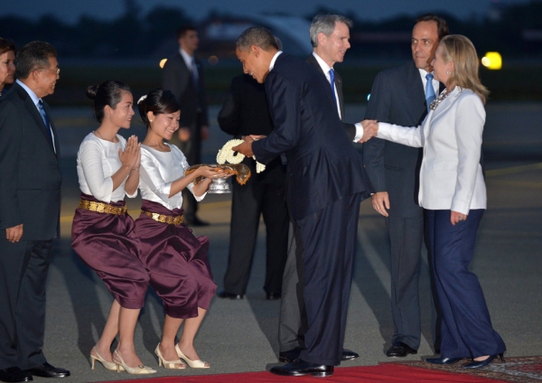 U.S. President Barack Obama is greeted upon arrival at the Phnom Penh International Airport in Phnom Penh, Cambodia to attend the East Asia Summit on Nov. 19, 2012. (Jewel Samad/AFP/Getty Images)